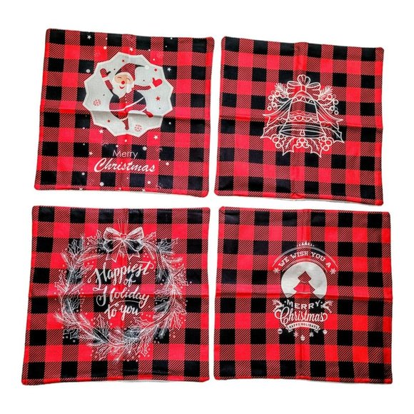 4-pcs Christmas Pillow Covers 17.5" x 17.5" Red/Black Check Festive Decor Gift - Picture 2 of 6